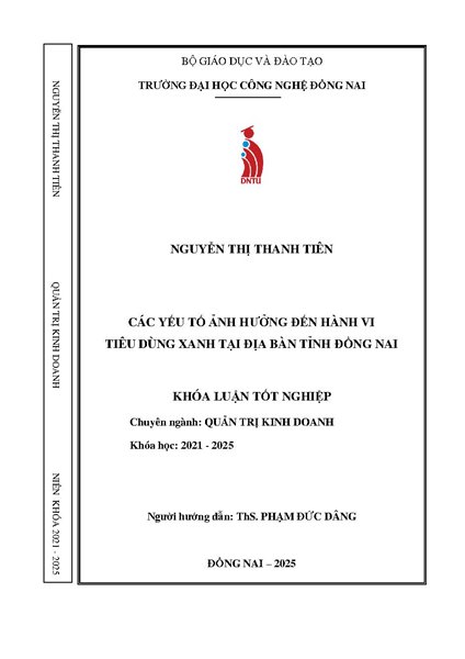 Các yếu tố ảnh hưởng đến hành vi tiêu dùng xanh tại địa bàn tỉnh Đồng Nai