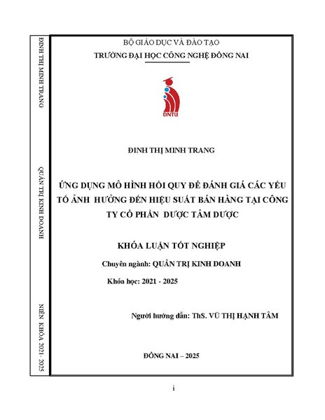 Ứng dụng mô hình hồi quy để đánh giá các yếu tố ảnh hưởng đến hiệu suất bán hàng tại công ty Cổ phần Dược tâm Dược