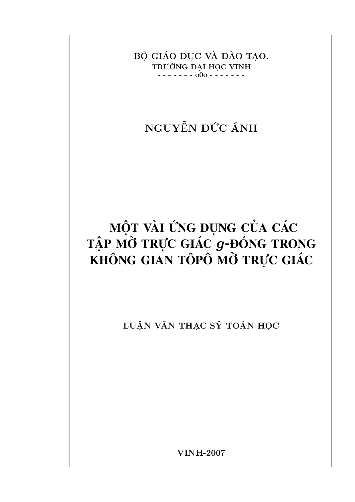 Một vài ứng dụng của các tập mờ trực giác g-Đóng trong không gian TôPô mờ trực giác - Luận văn