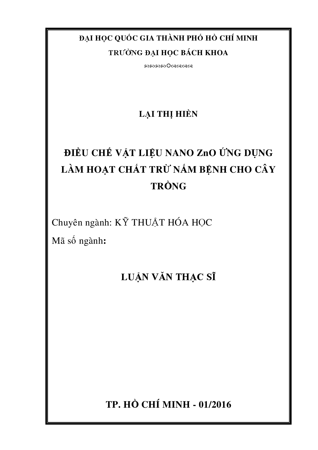 Điều chế vật liệu nano zno ứng dụng làm hoạt chất trừ nấm bệnh cho cây trồng