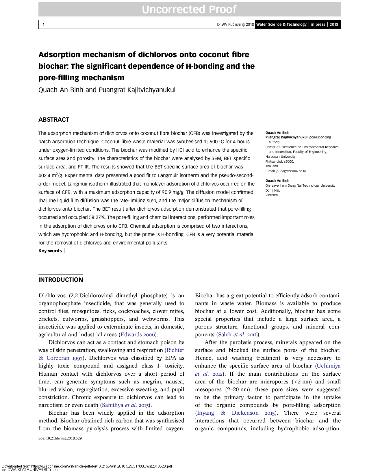 Investigation the isotherm and kinetics of adsorption mechanism of
herbicide 2,4-dichlorophenoxyacetic acid (2,4-D) on corn cob biochar