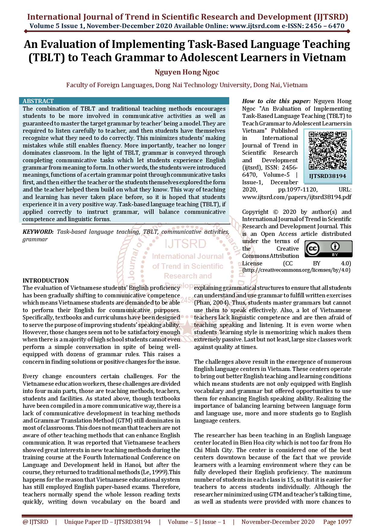 An Evaluation of Implementing Task-Based Language Teaching (TBLT) to Teach Grammar to Adolescent Learners in Vietnam