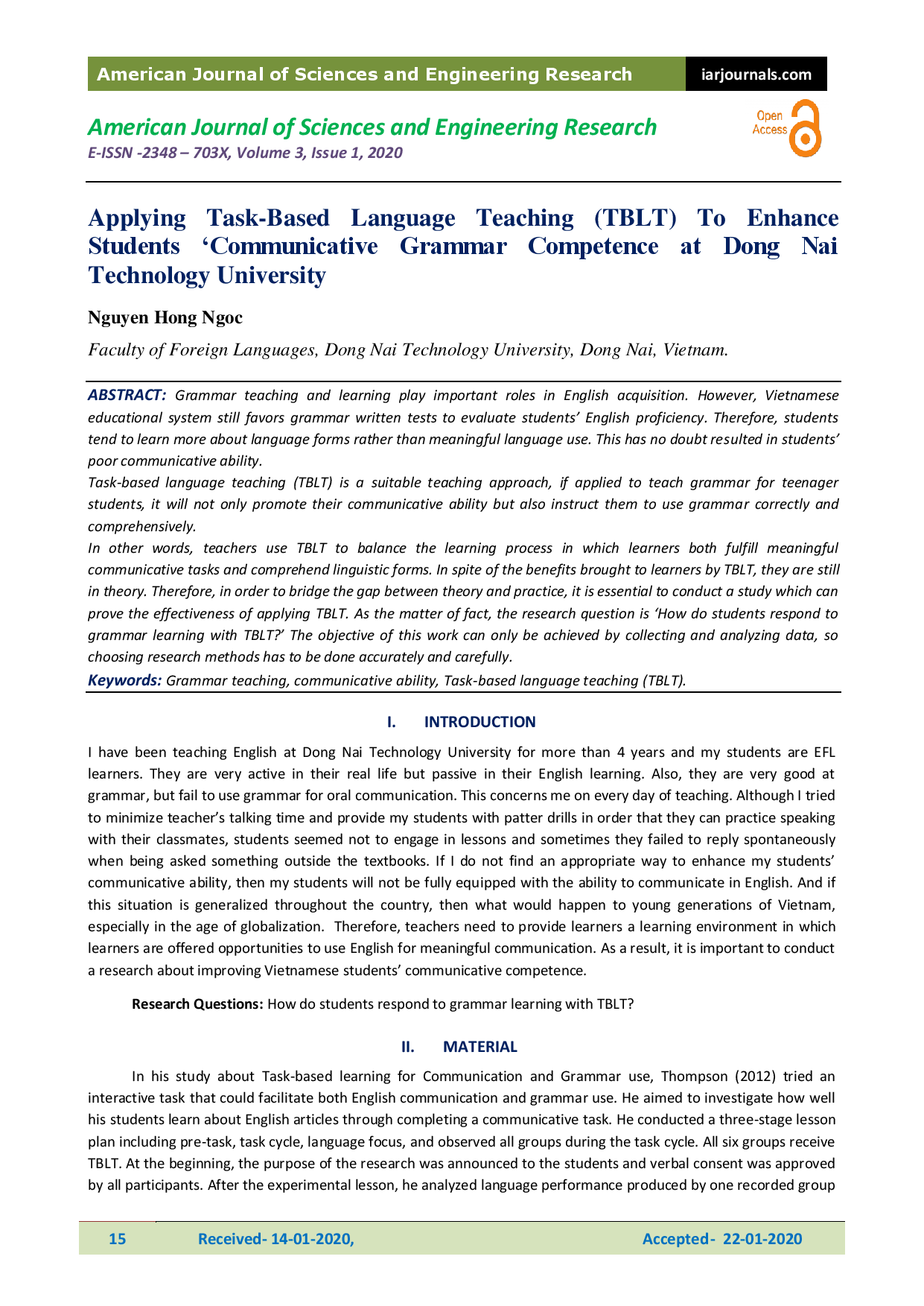 Applying Task-Based Language Teaching (TBLT) To Enhance Students ‘Communicative Grammar Competence at Dong Nai Technology University