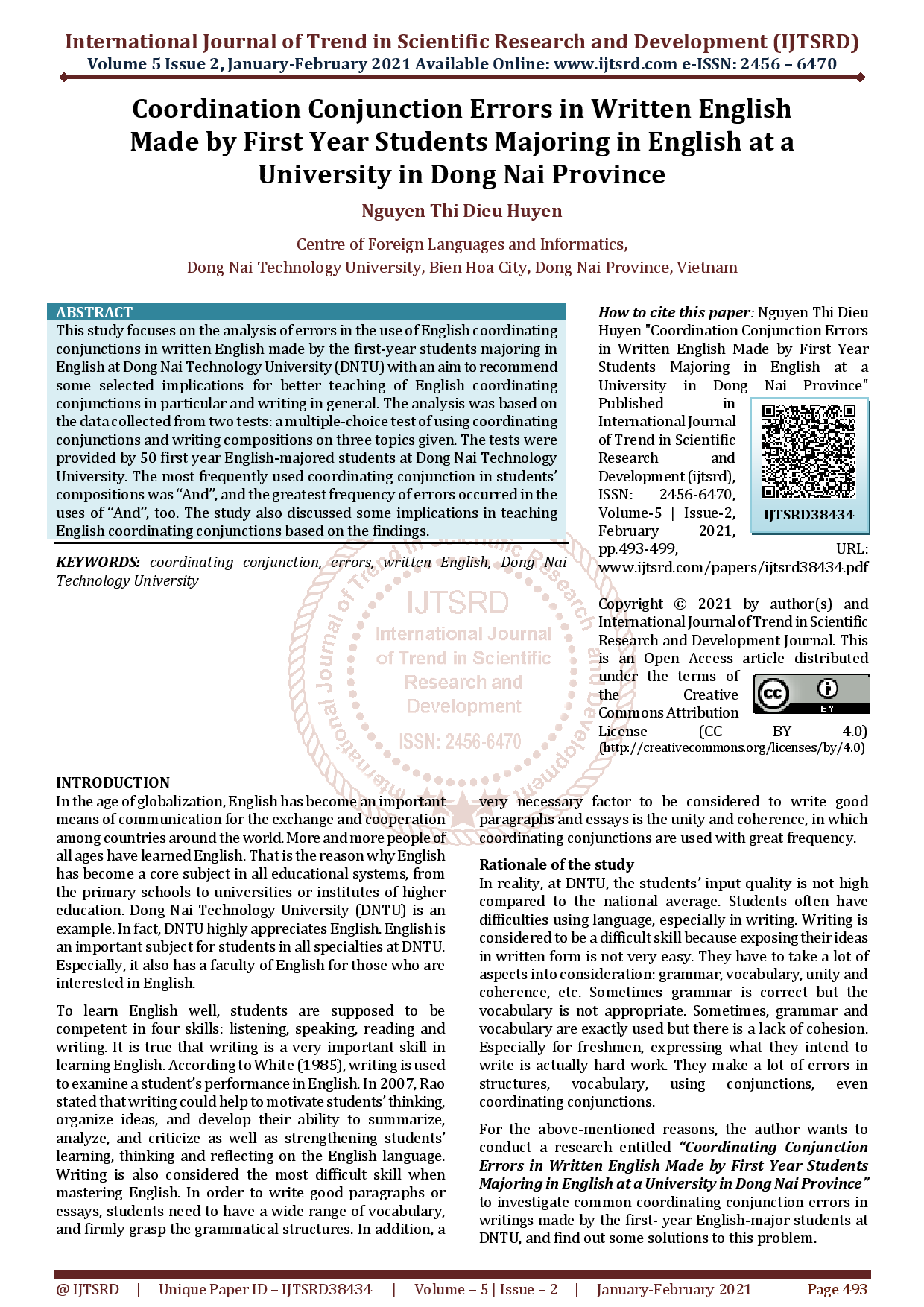 Coordination Conjunction Errors in Written English Made by First Year Students Majoring in English at a University in Dong Nai Province