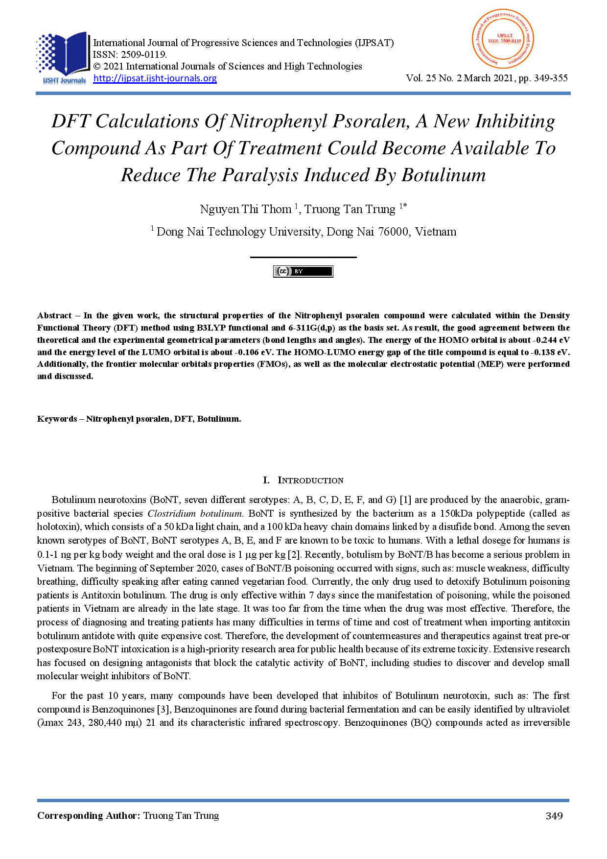 DFT Calculations Of Nitrophenyl Psoralen, A New Inhibiting Compound As Part Of Treatment Could Become Available To Reduce The Paralysis Induced By Botulinum