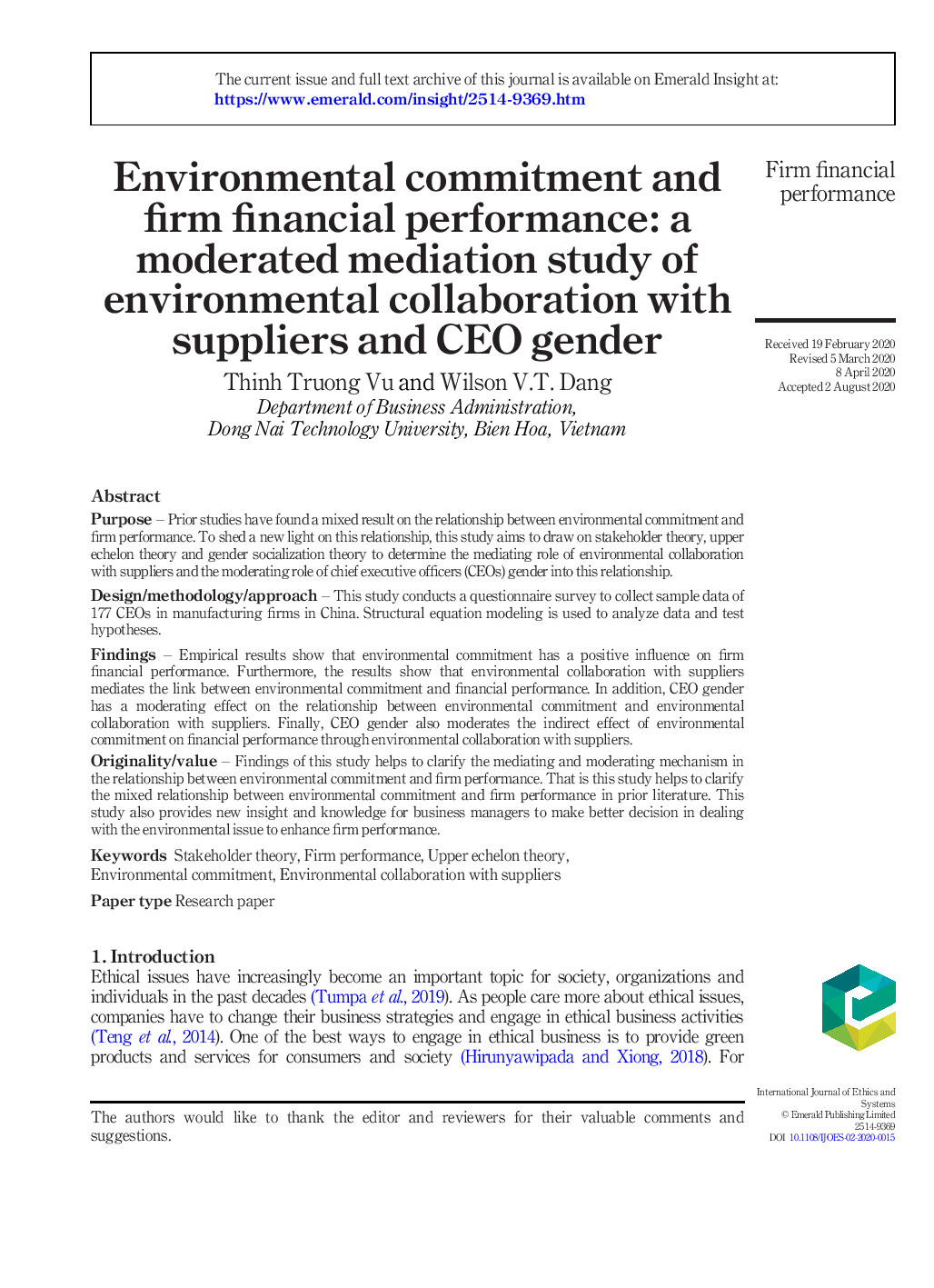 Environmental commitment and firm financial performance: a moderated mediation study of environmental collaboration with suppliers and CEO gender