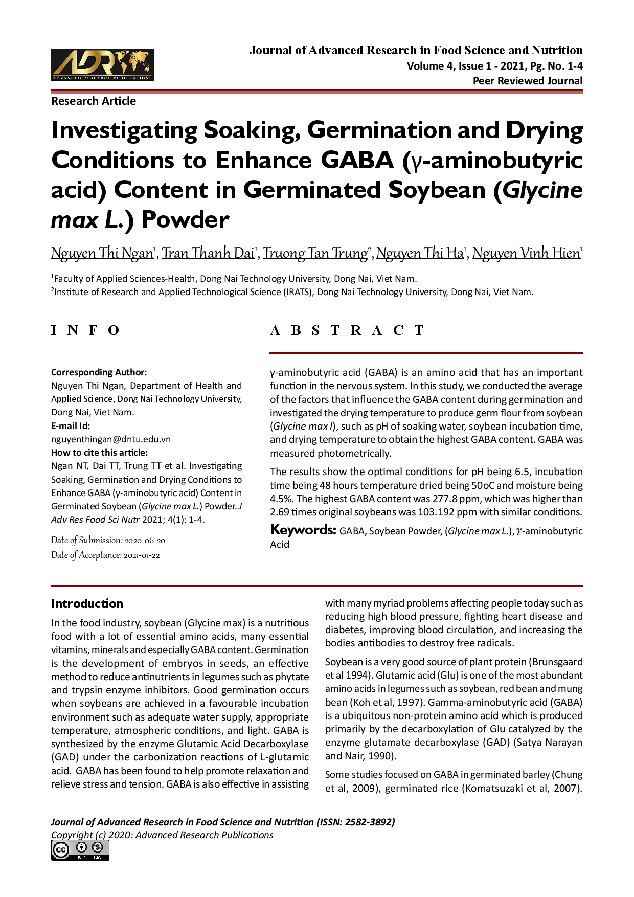 Investigating Soaking, Germination and Drying Conditions to Enhance GABA (γ-aminobutyric acid) Content in Germinated Soybean (Glycine max L.) Powder