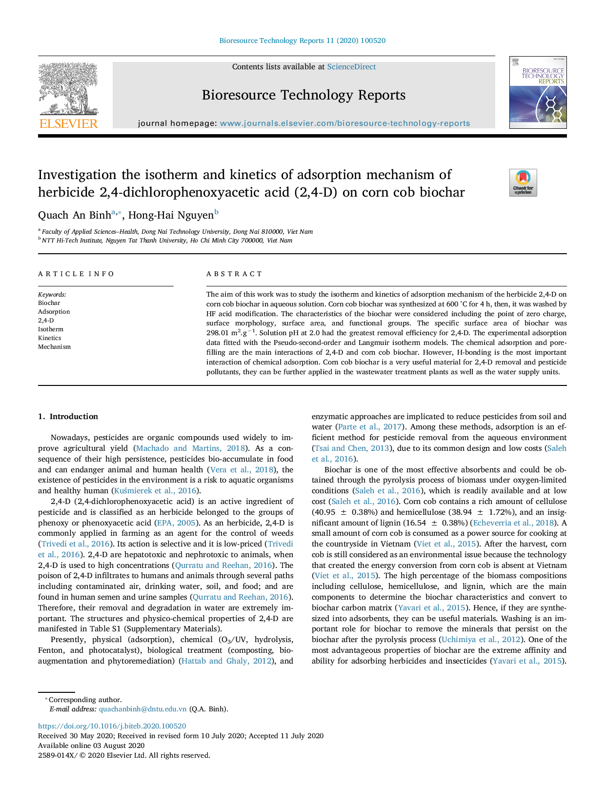 Investigation the isotherm and kinetics of adsorption mechanism of herbicide 2,4-dichlorophenoxyacetic acid (2,4-D) on corn cob biochar