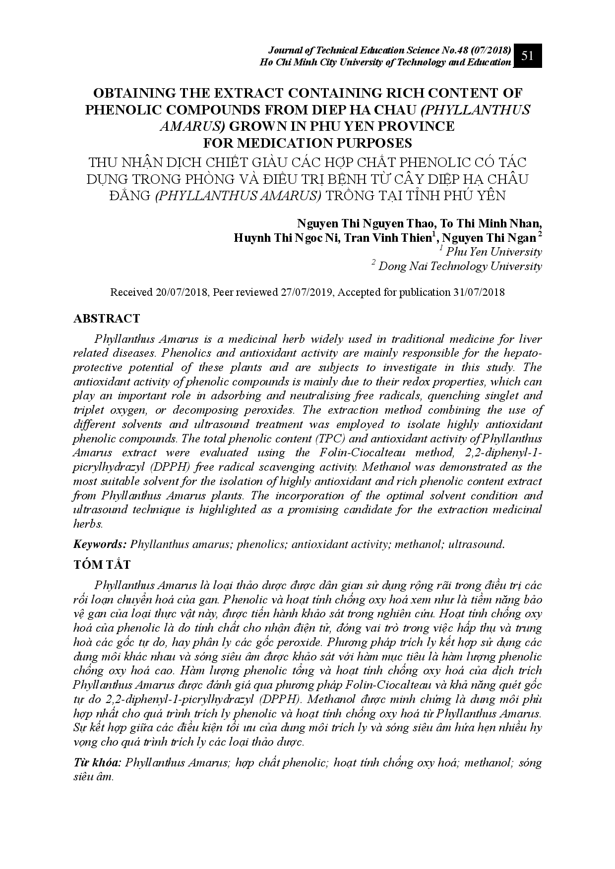 OBTAINING THE EXTRACT CONTAINING RICH CONTENT OF PHENOLIC COMPOUNDS FROM DIEP HA CHAU (PHYLLANTHUS AMARUS) GROWN IN PHU YEN PROVINCE FOR MEDICATION PURPOSES