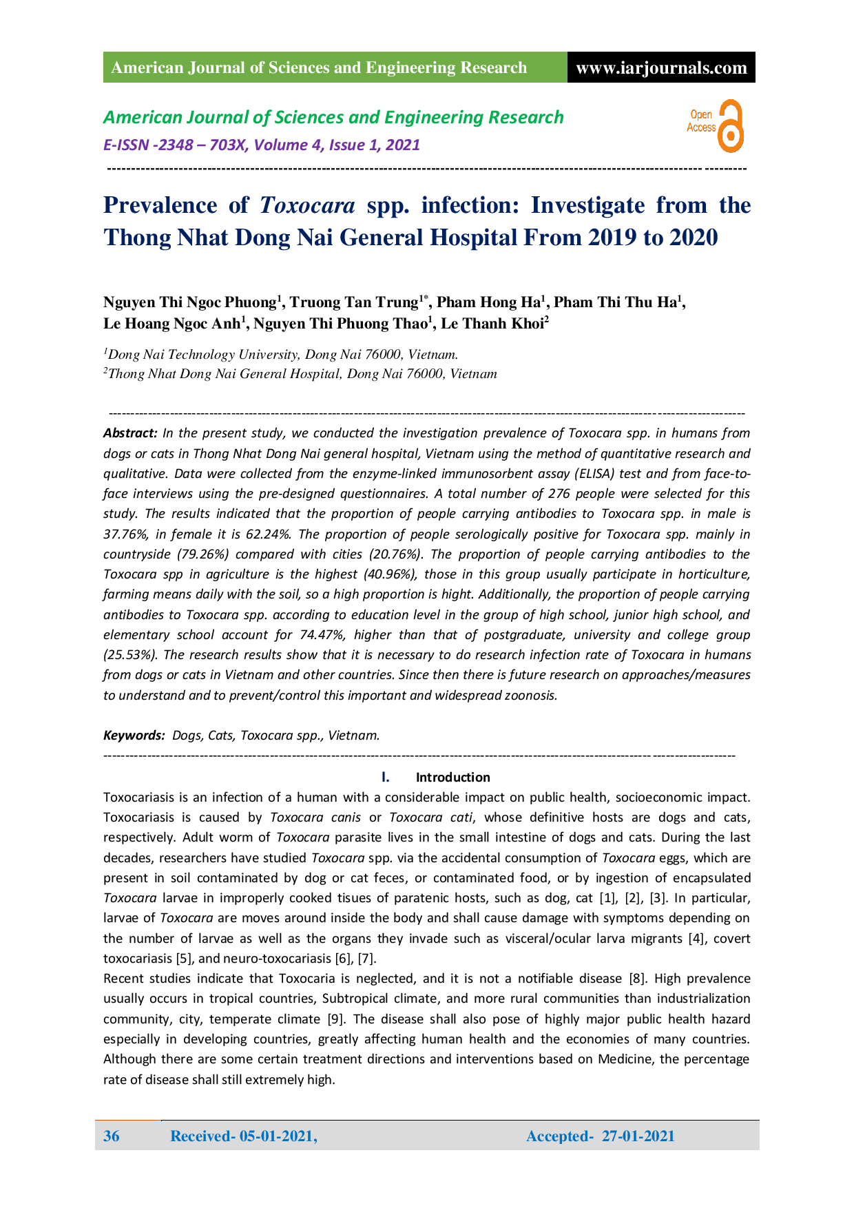 Prevalence of Toxocara spp. infection: Investigate from the Thong Nhat Dong Nai General Hospital from 2019 to 2020