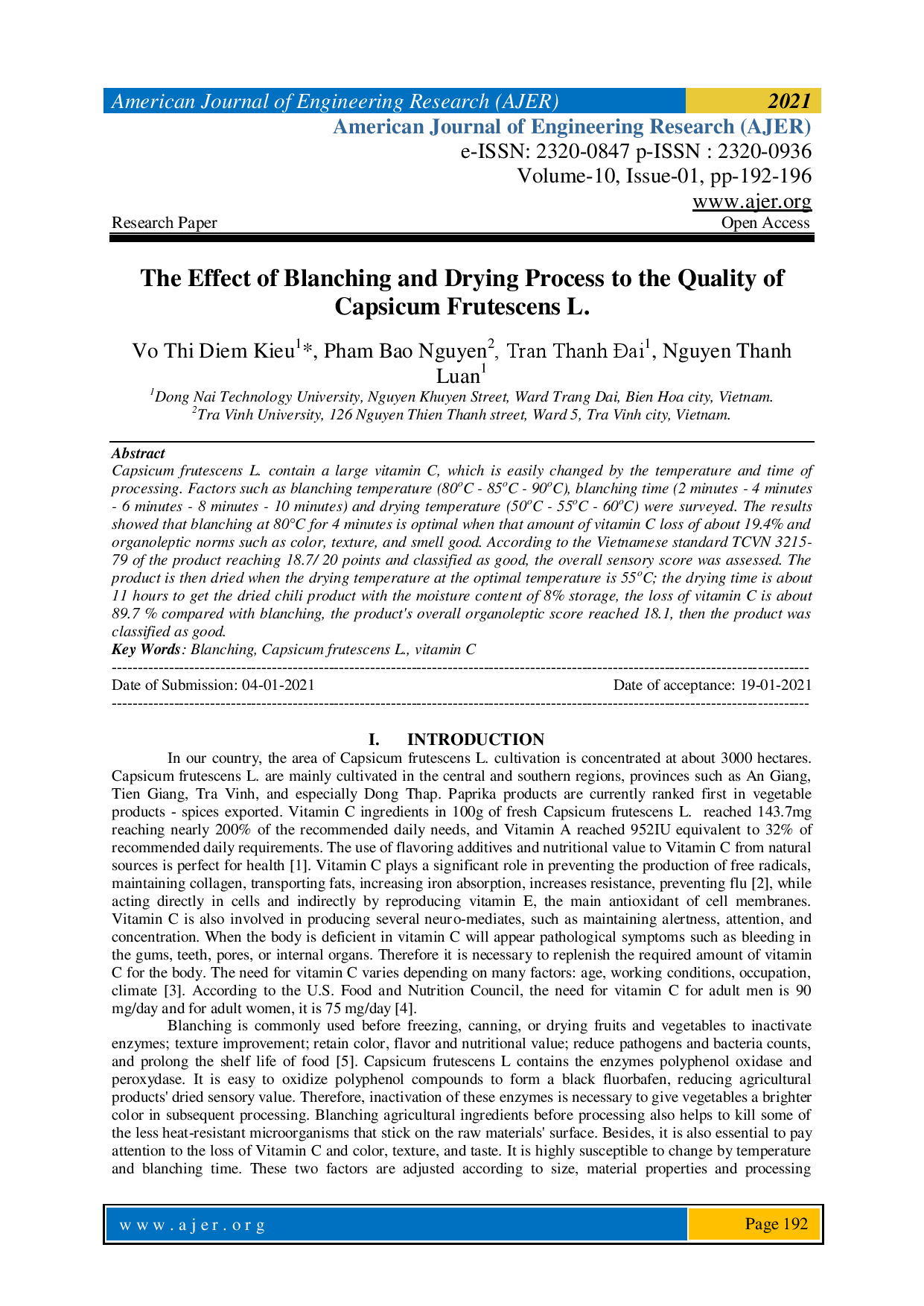 The Effect of Blanching and Drying Process to the Quality of Capsicum Frutescens L