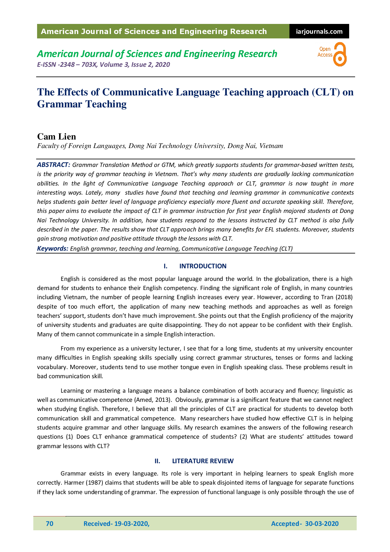 The Effects of Communicative Language Teaching approach (CLT) on Grammar Teaching ;$bCam Lien