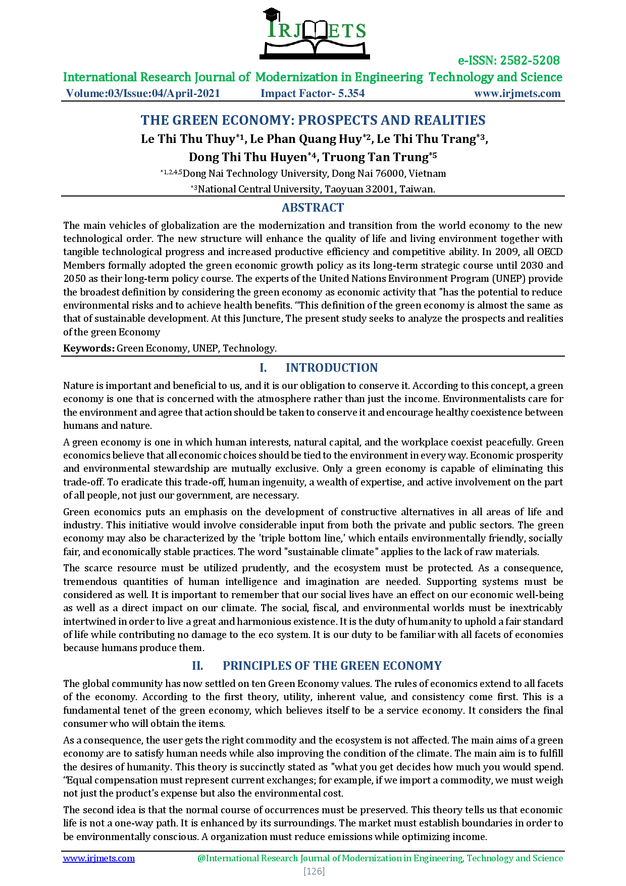 THE GREEN ECONOMY: PROSPECTS AND REALITIES ;$bLe Thi Thu Thuy, Le Phan Quang Huy, Le Thi Thu Trang, Dong Thi Thu Huyen, Truong Tan Trung