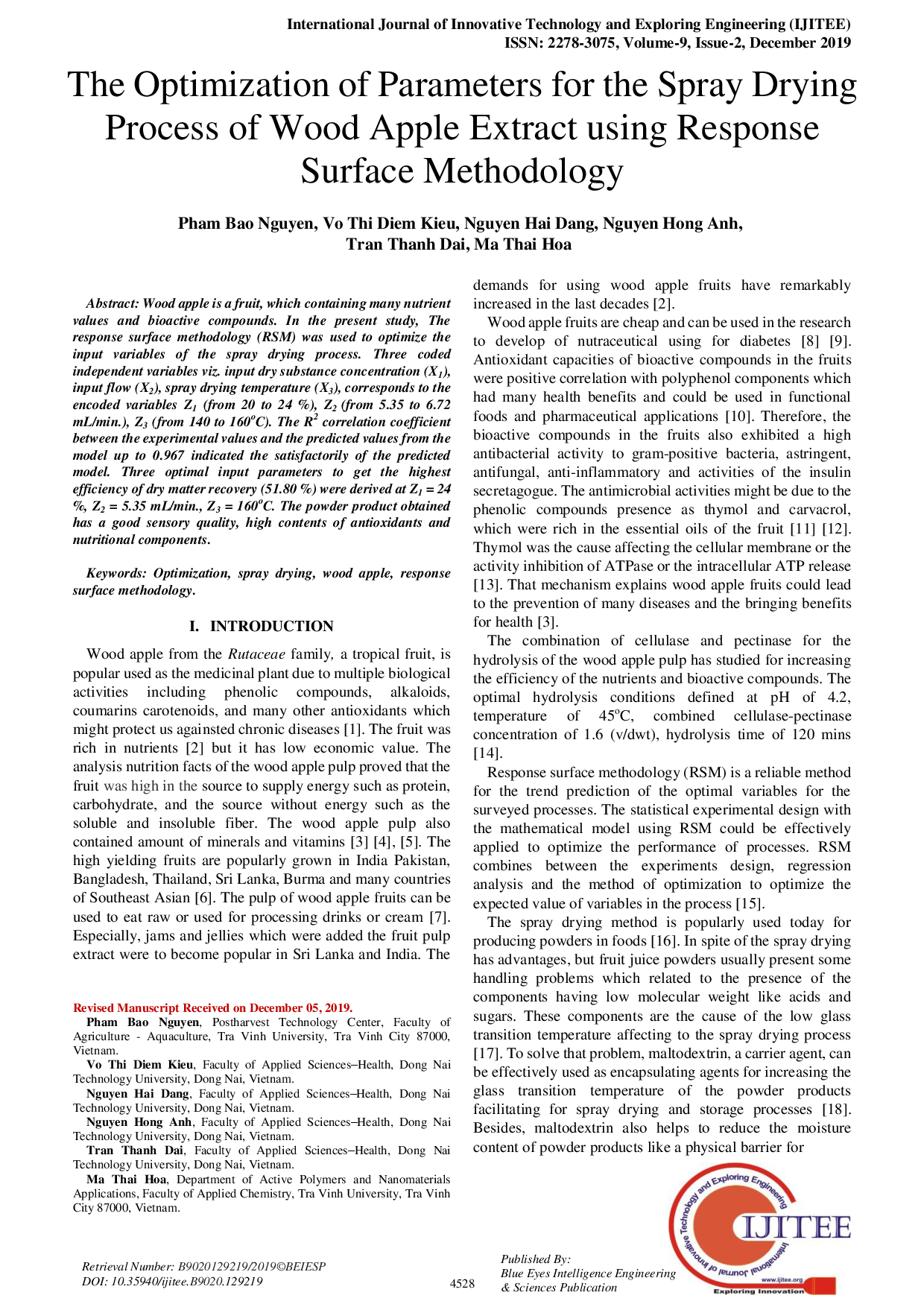 The Optimization of Parameters for the Spray Drying Process of Wood Apple Extract using Response Surface Methodology