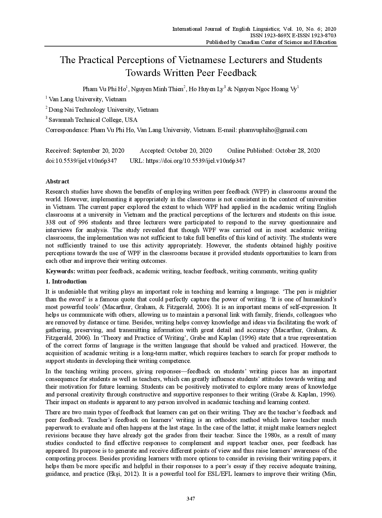 The Practical Perceptions of Vietnamese Lecturers and Students Towards Written Peer Feedback