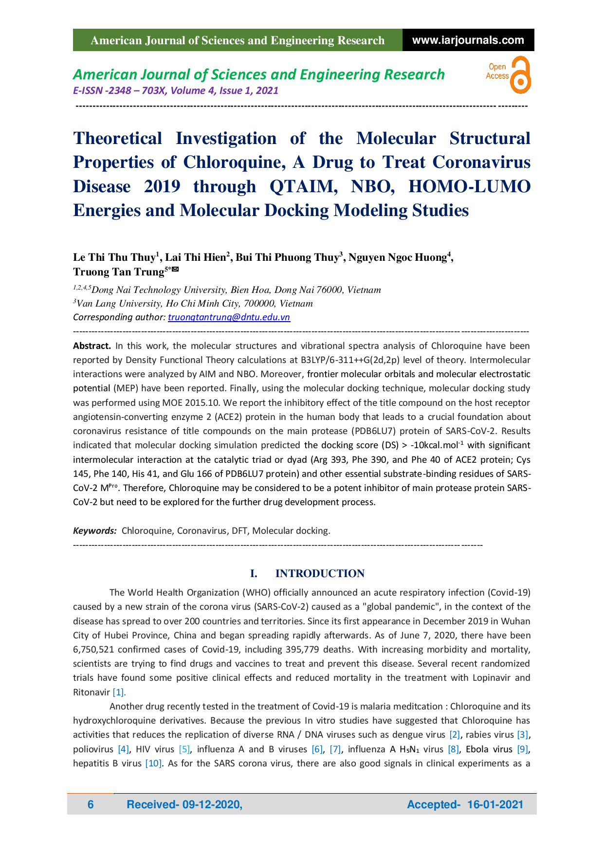 Theoretical investigation of the molecular structural properties of Chloroquine, a drug to treat coronavirus disease 2019 through QTAIM, NBO, HOMO-LUMO energies and molecular docking modeling studies