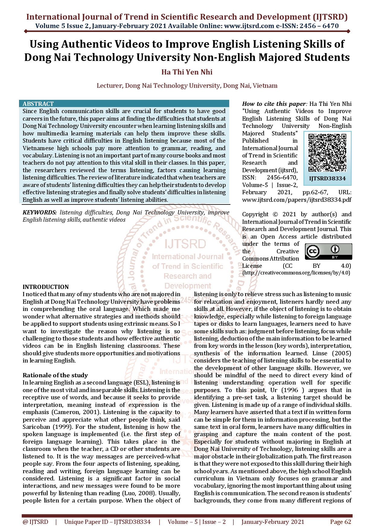 Using Authentic Videos to Improve English Listening Skills of Dong Nai Technology University Non-English Majored Students