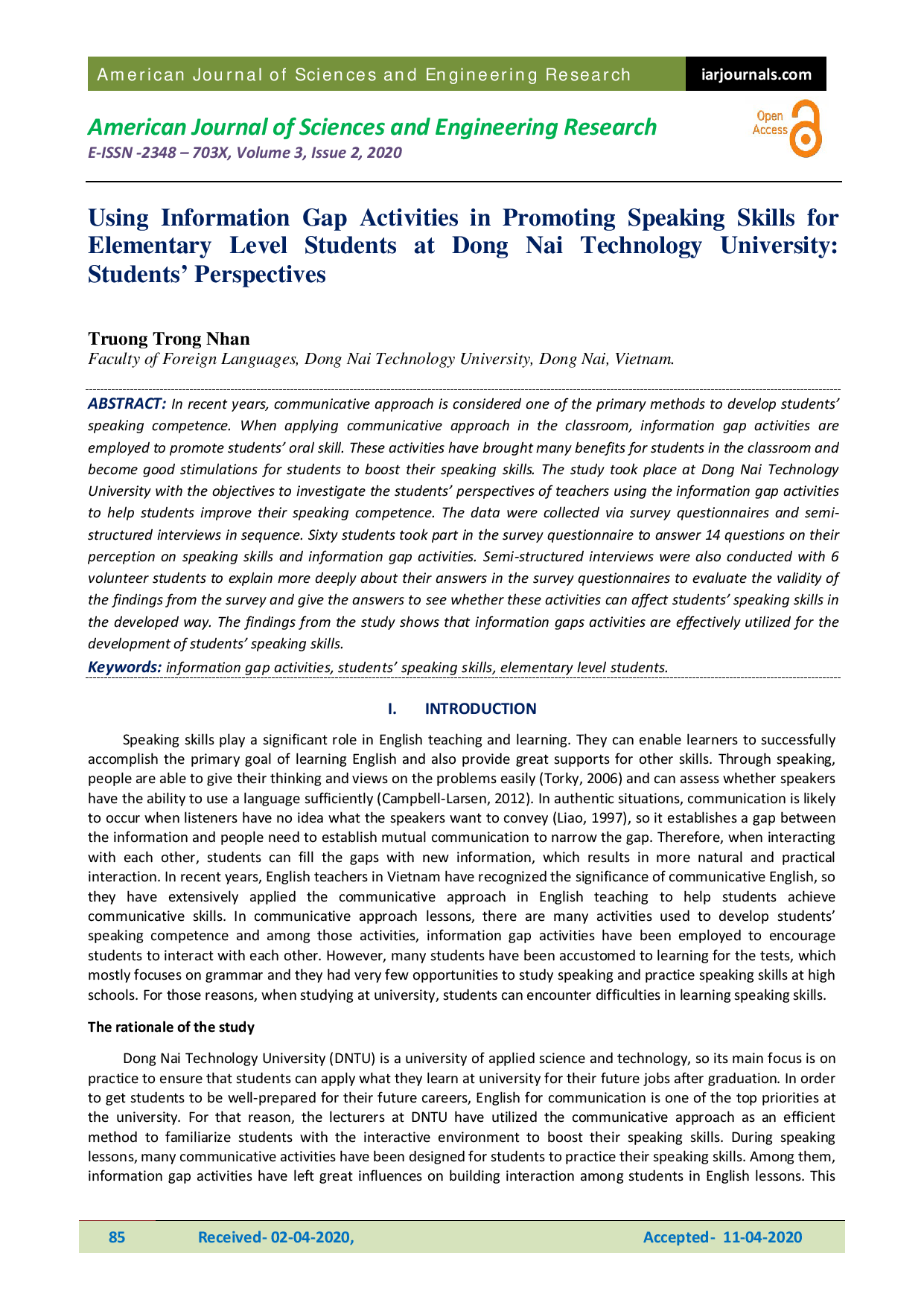 Using Information Gap Activities in Promoting Speaking Skills for Elementary Level Students at Dong Nai Technology University: Students’ Perspectives