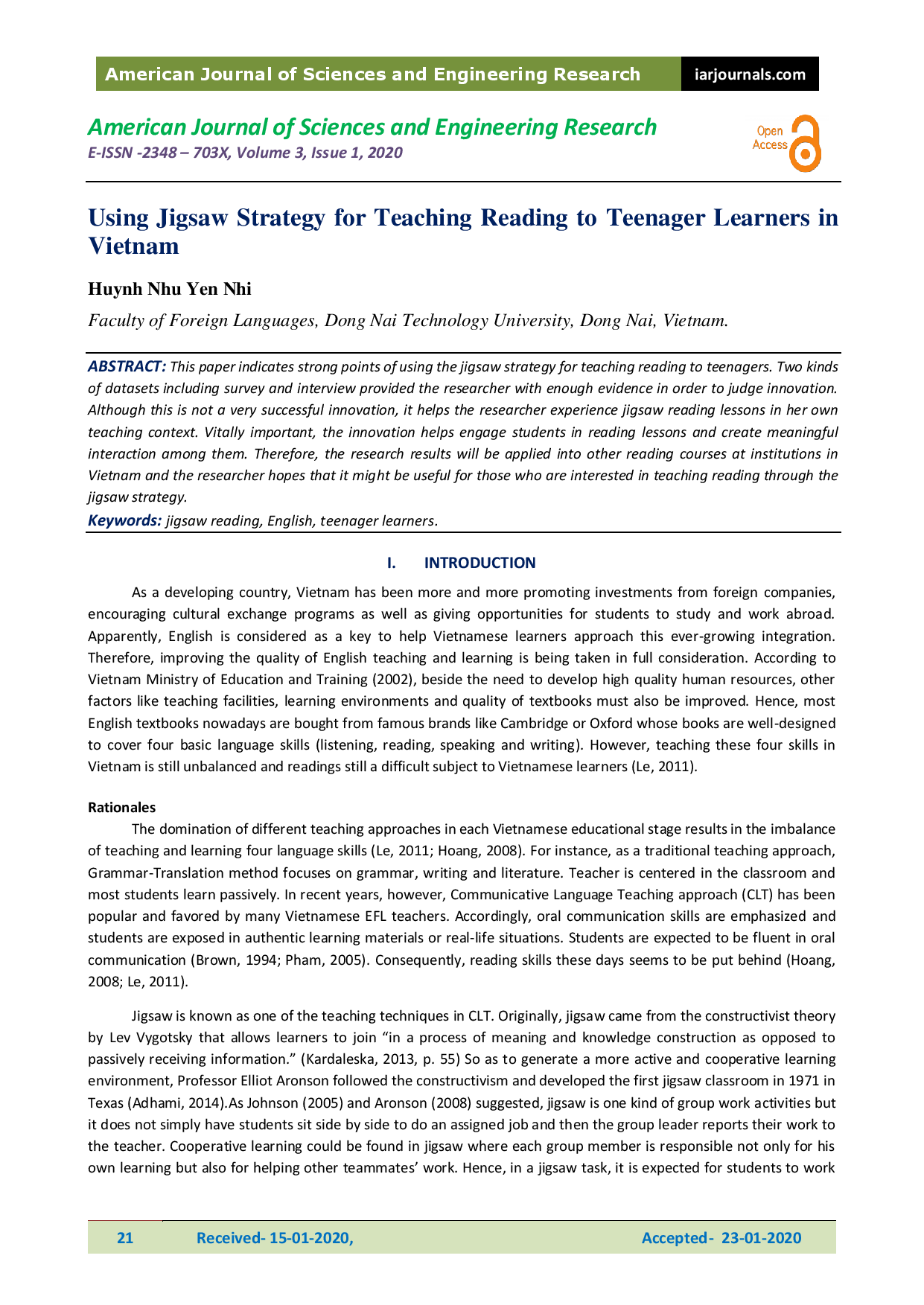 Using Jigsaw Strategy for Teaching Reading to Teenager Learners in Vietnam