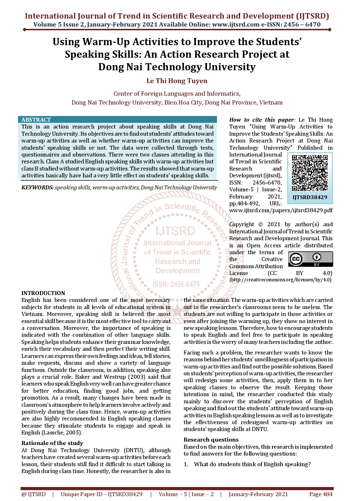 Using Warm-Up Activities to Improve the Students’ Speaking Skills: An Action Research Project at Dong Nai Technology University