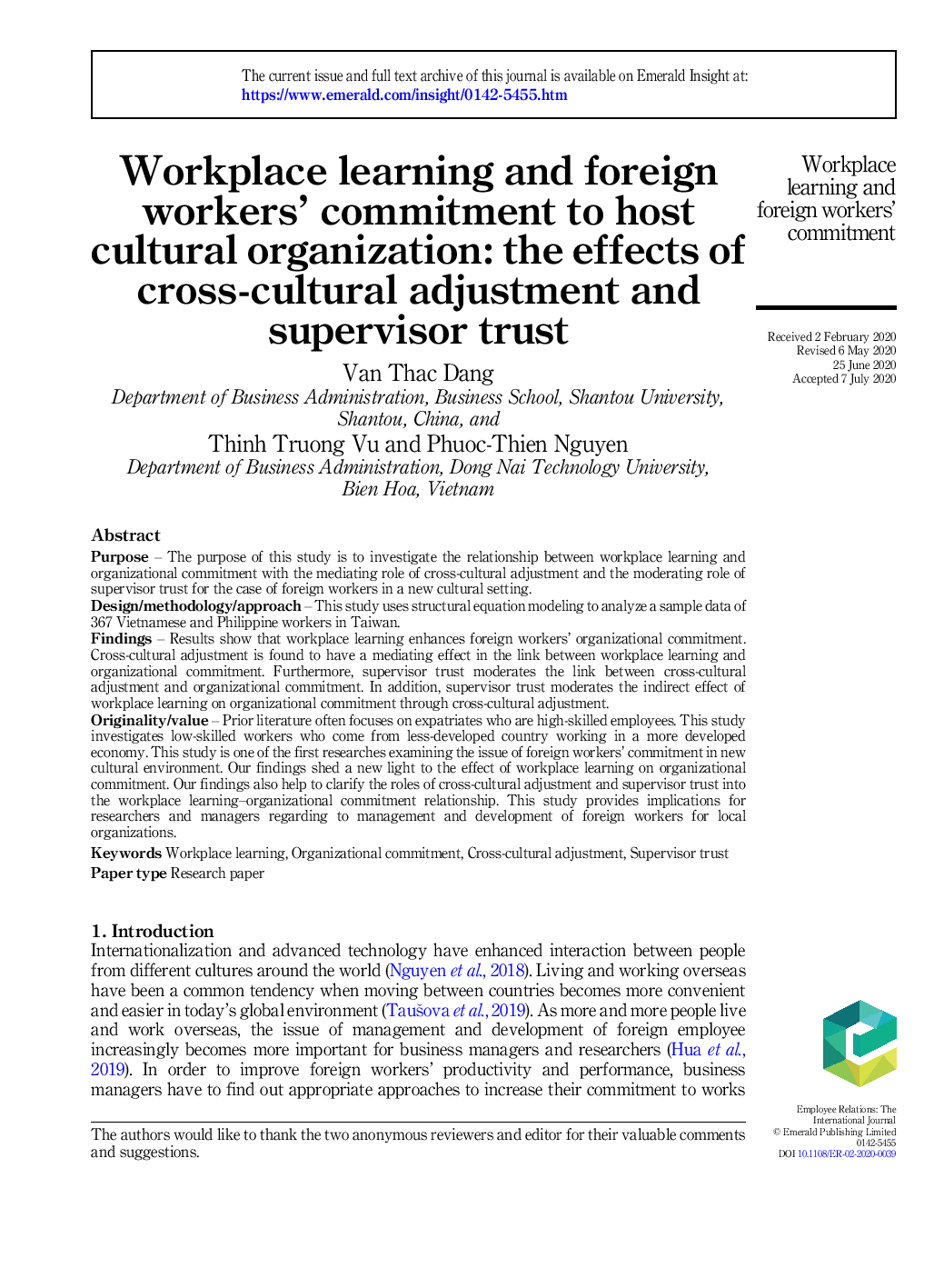 Workplace learning and foreign workers'' commitment to host cultural organization: the effects of cross-cultural adjustment and supervisor trust