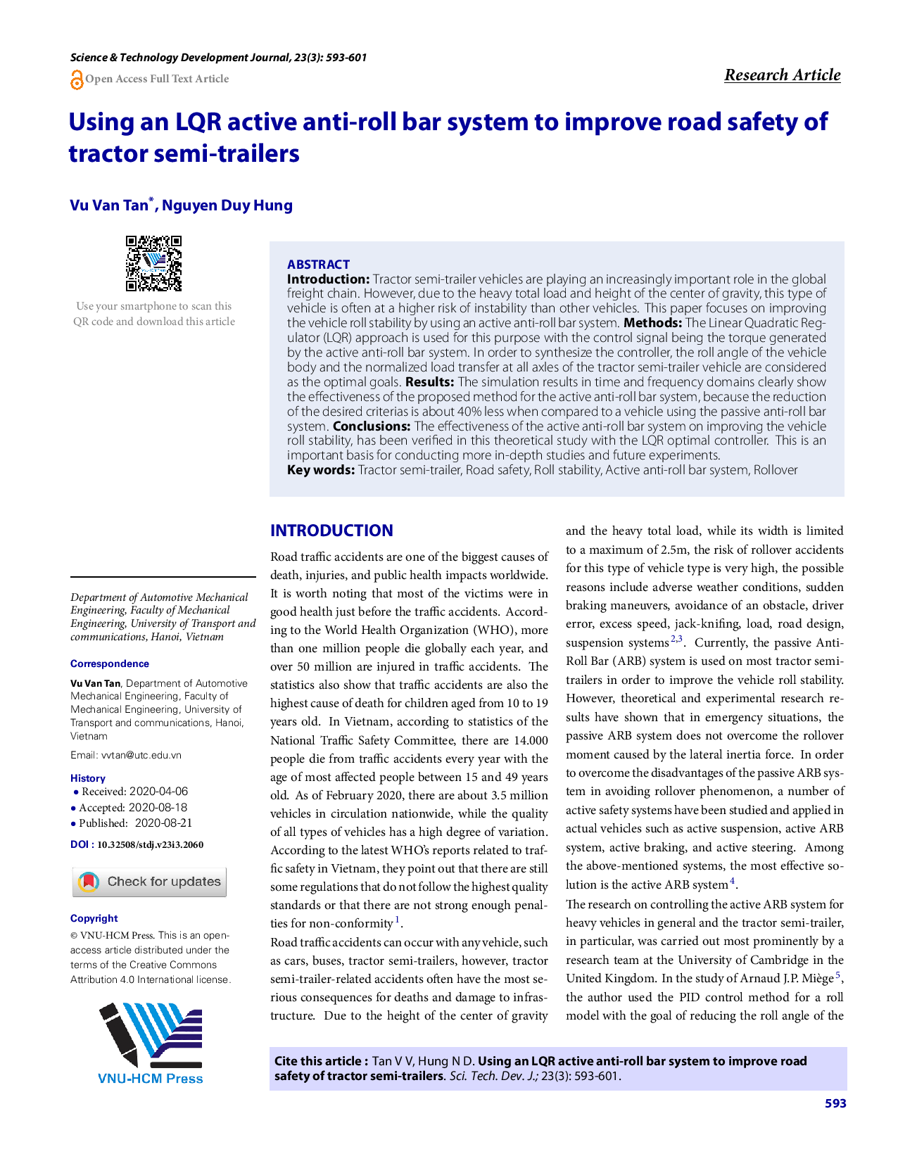 Using an LQR active anti-roll bar system to improve road safety of tractor semi-trailers