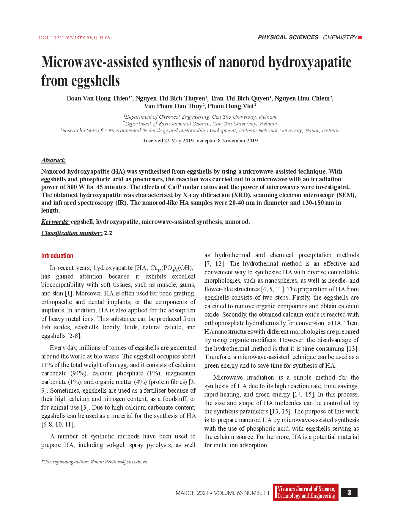 Microwave-assisted synthesis of nanorod hydroxyapatite from eggshells.