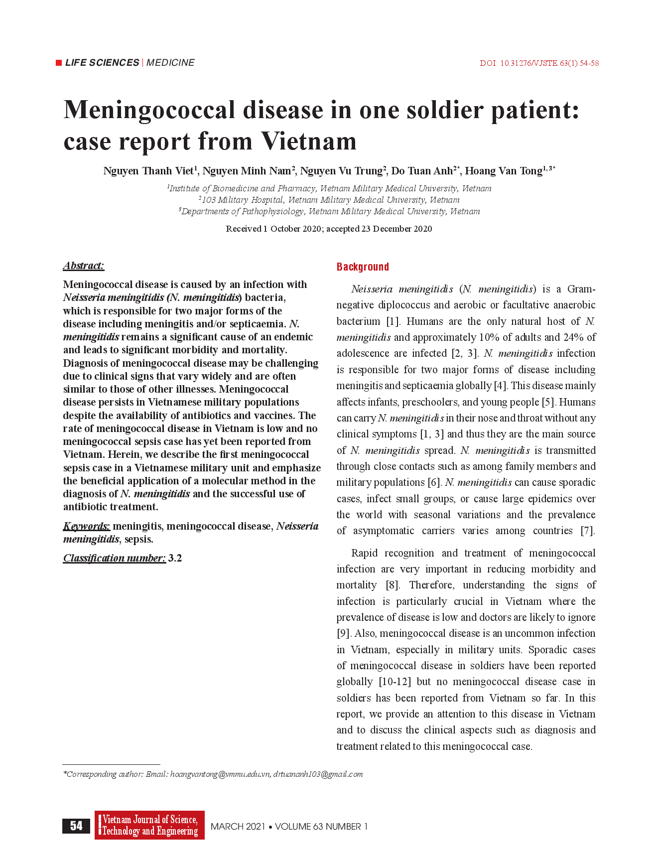 Meningococcal disease in one soldier patient: case report from Vietnam