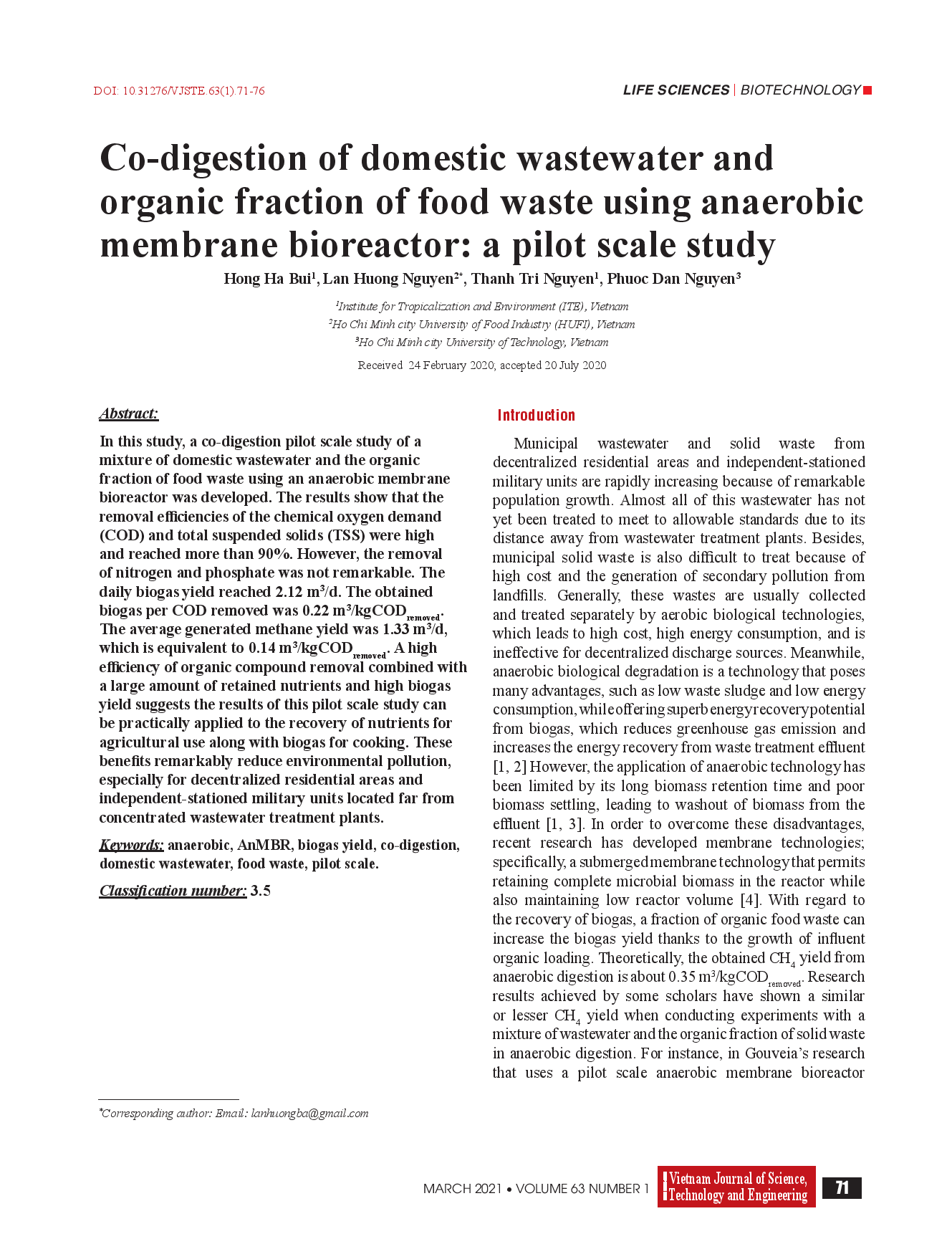 Co-digestion of domestic wastewater and organic fraction of food waste using anaerobic membrane bioreactor: a pilot scale study