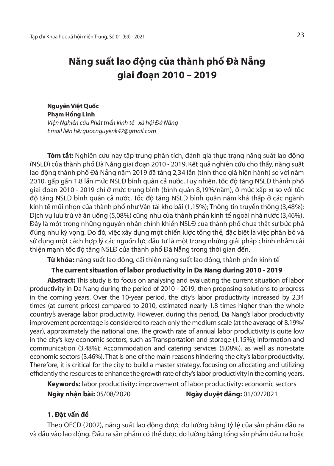 Năng suất lao động của thành phố Đà Nẵng giai đoạn 2010 – 2019