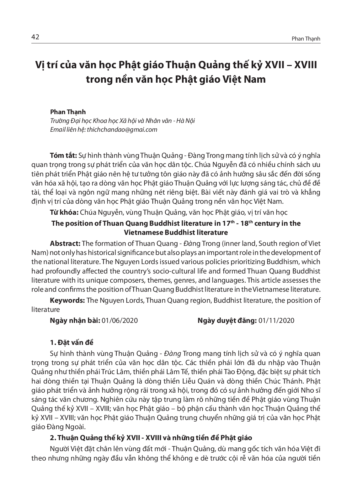 Vị trí của văn học Phật giáo Thuận Quảng thế kỷ XVII – XVIII trong nền văn học Phật giáo Việt Nam