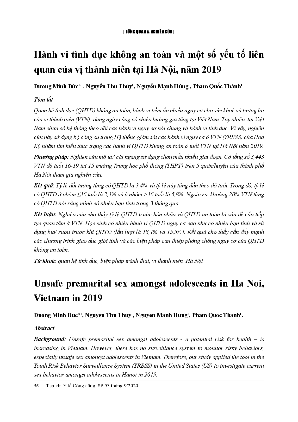 Hành vi tình dục không an toàn và một số yếu tố liên quan của vị thành niên tại Hà Nội, năm 2019