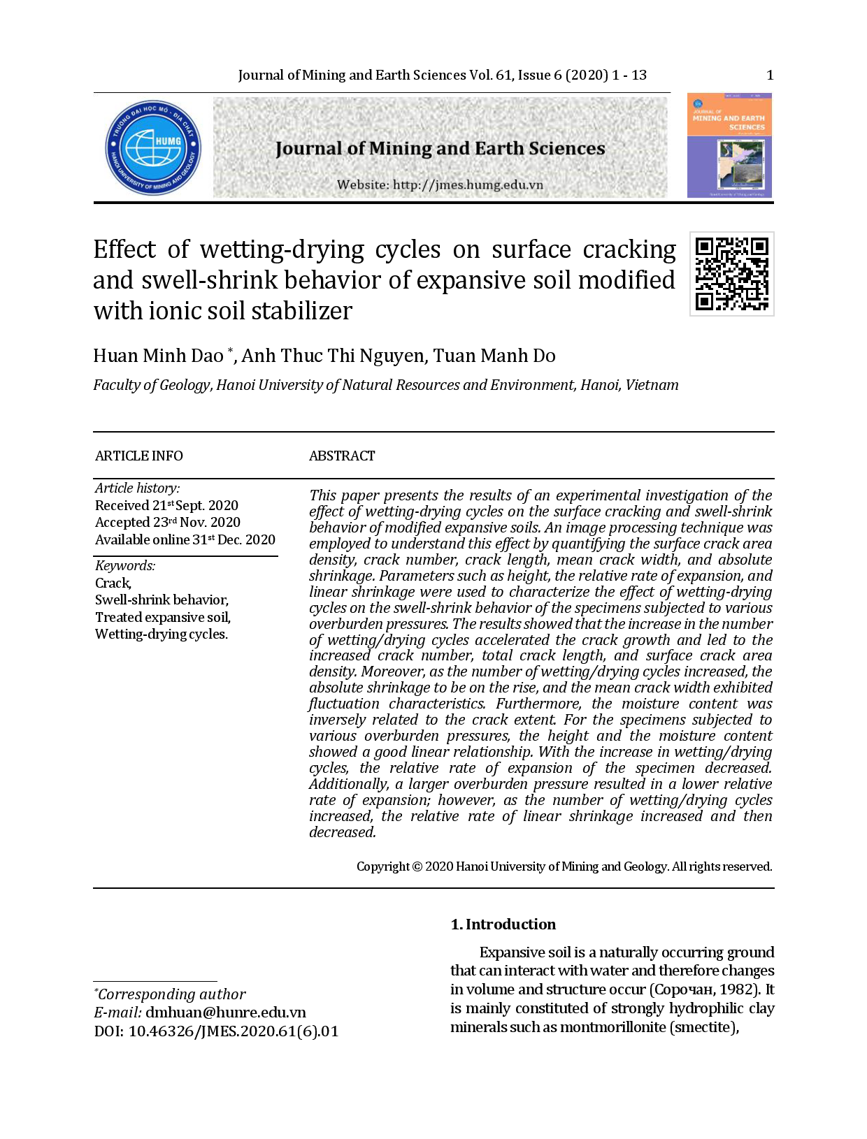 Effect of wetting-drying cycles on surface cracking and swell-shrink behavior of expansive soil modified with ionic soil stabilizer