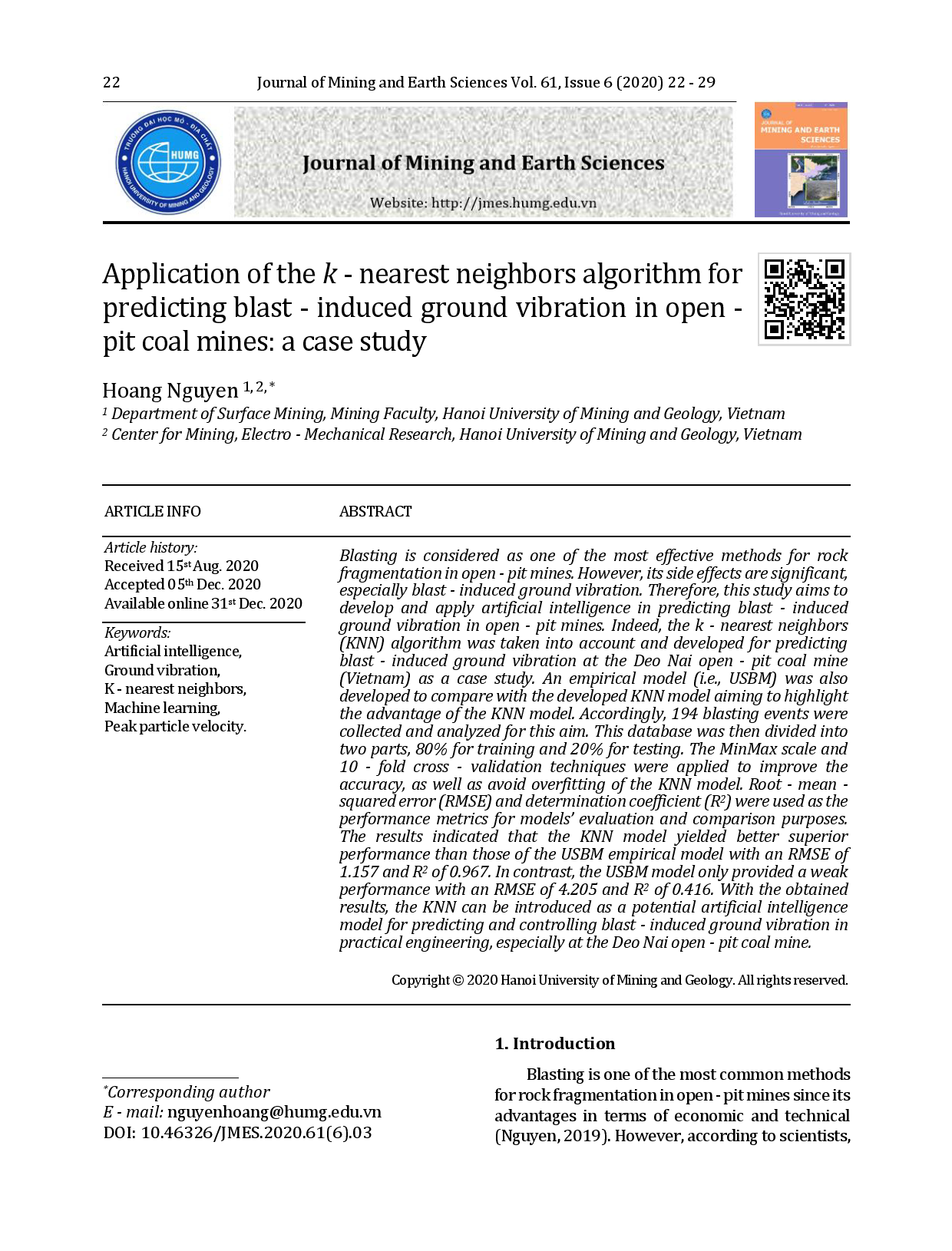 Application of the k - nearest neighbors algorithm for predicting blast - induced ground vibration in open - pit coal mines: a case study