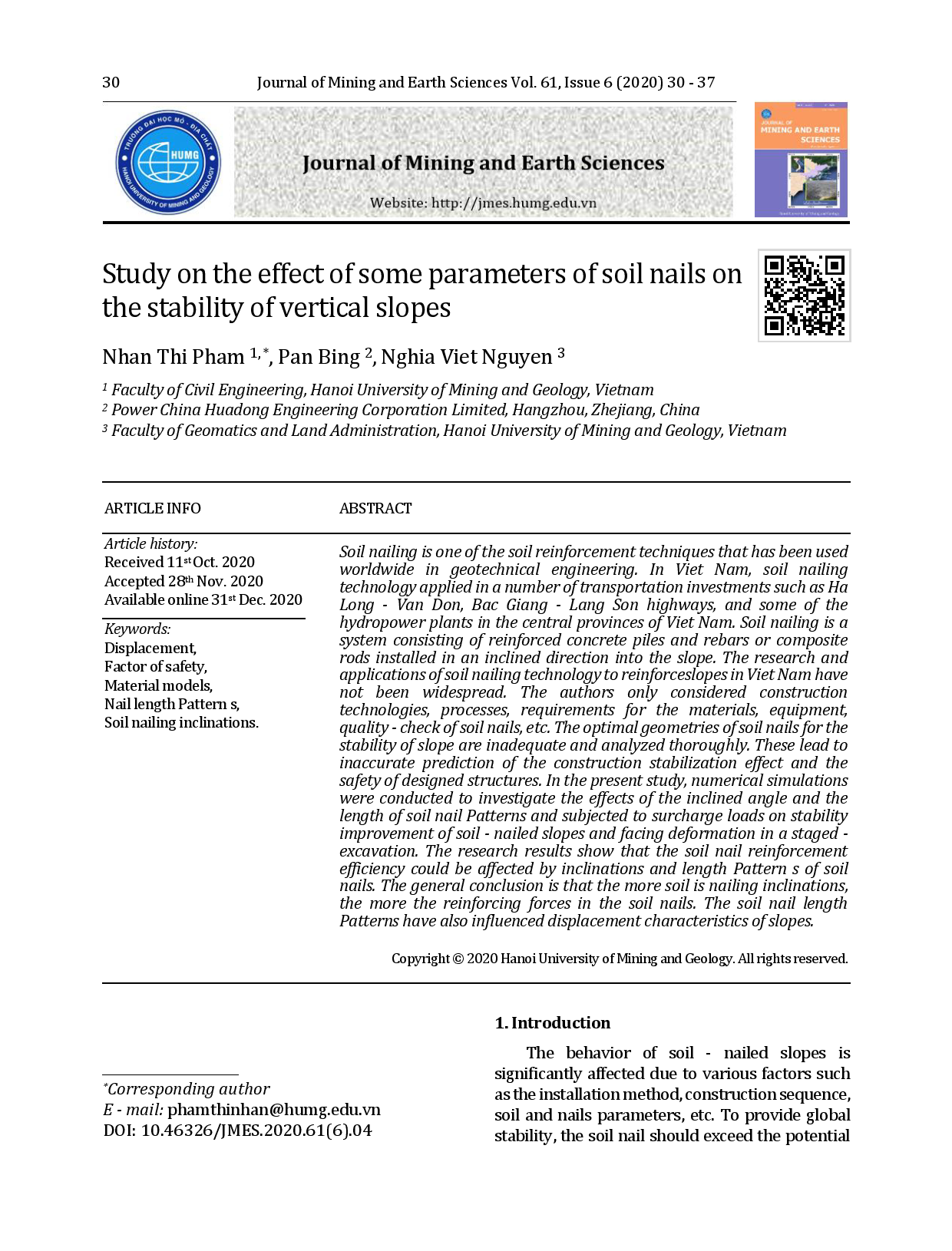 Study on the effect of some parameters of soil nails on the stability of vertical slopes