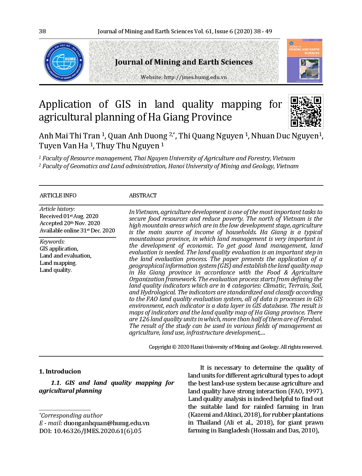 Application of GIS in land quality mapping for agricultural planning of Ha Giang Province