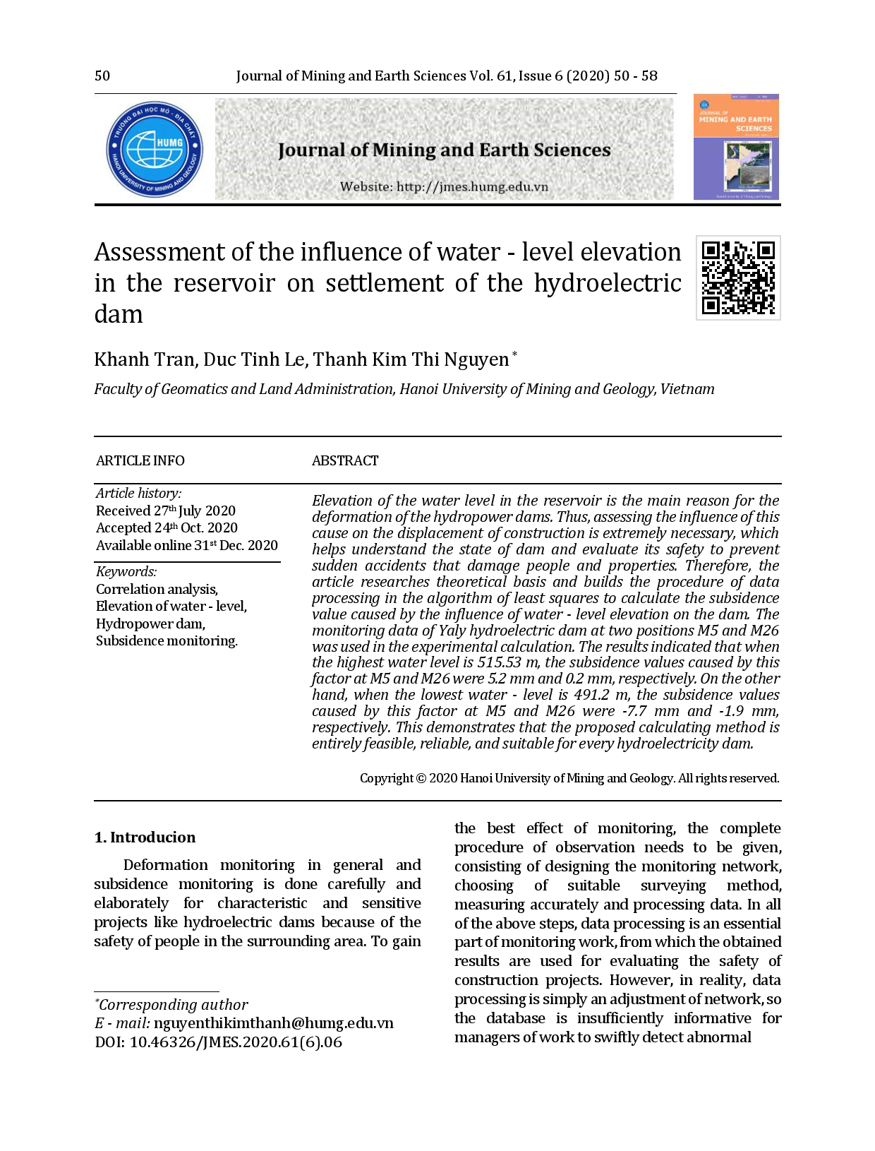 Assessment of the influence of water - level elevation in the reservoir on settlement of the hydroelectric dam