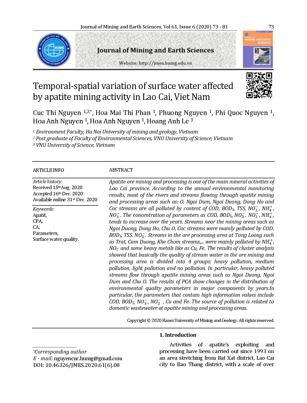 Temporal-spatial variation of surface water affected by apatite mining activity in Lao Cai, Viet Nam