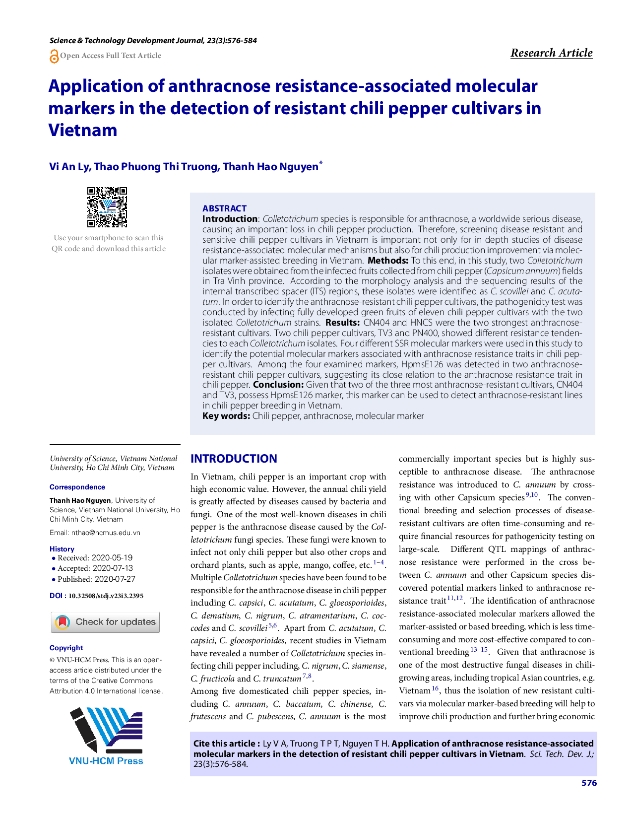 Application of anthracnose resistance-associated molecular markers in the detection of resistant chili pepper cultivars in Vietnam