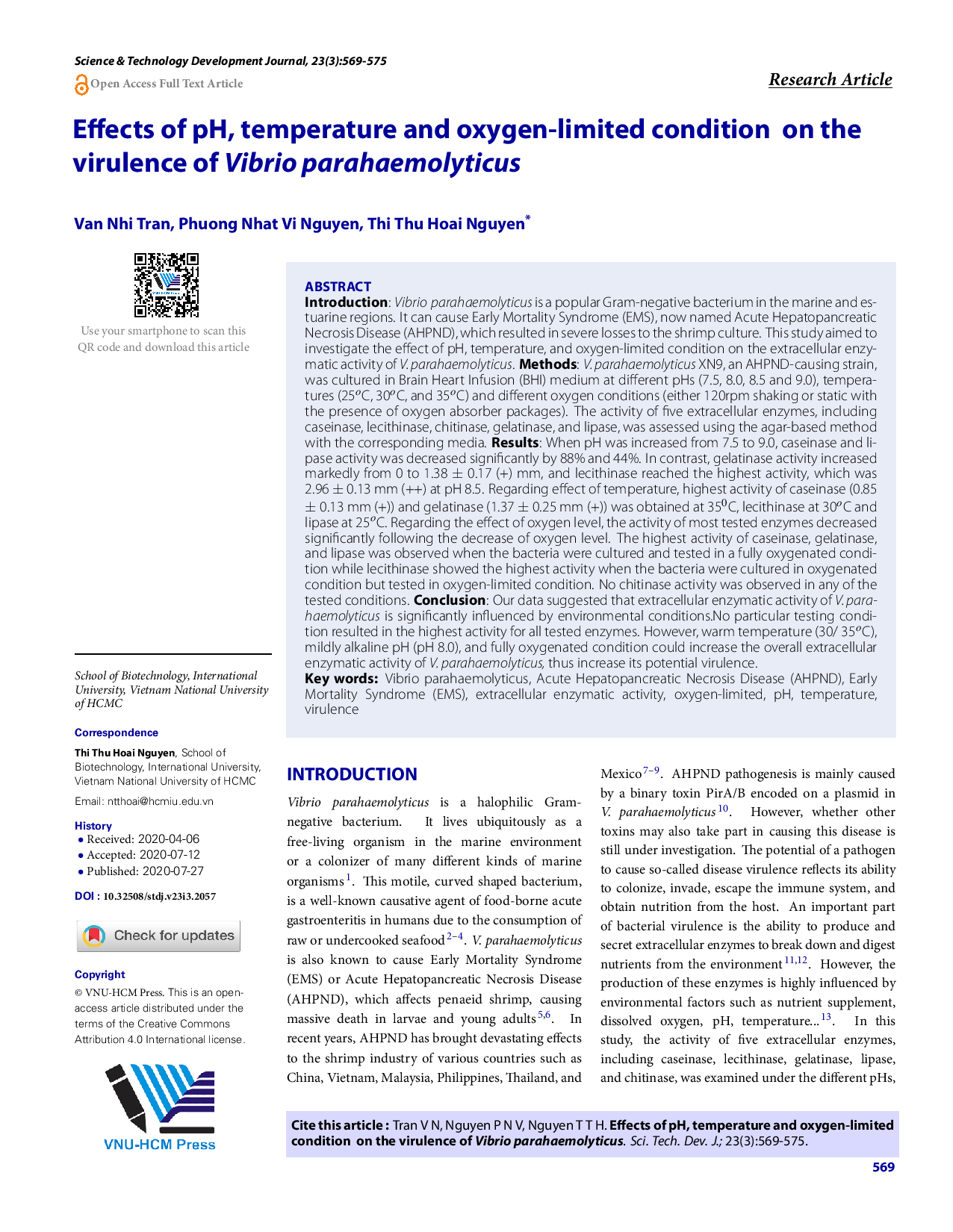 Effects of pH, temperature and oxygen-limited condition on the virulence of Vibrio parahaemolyticus