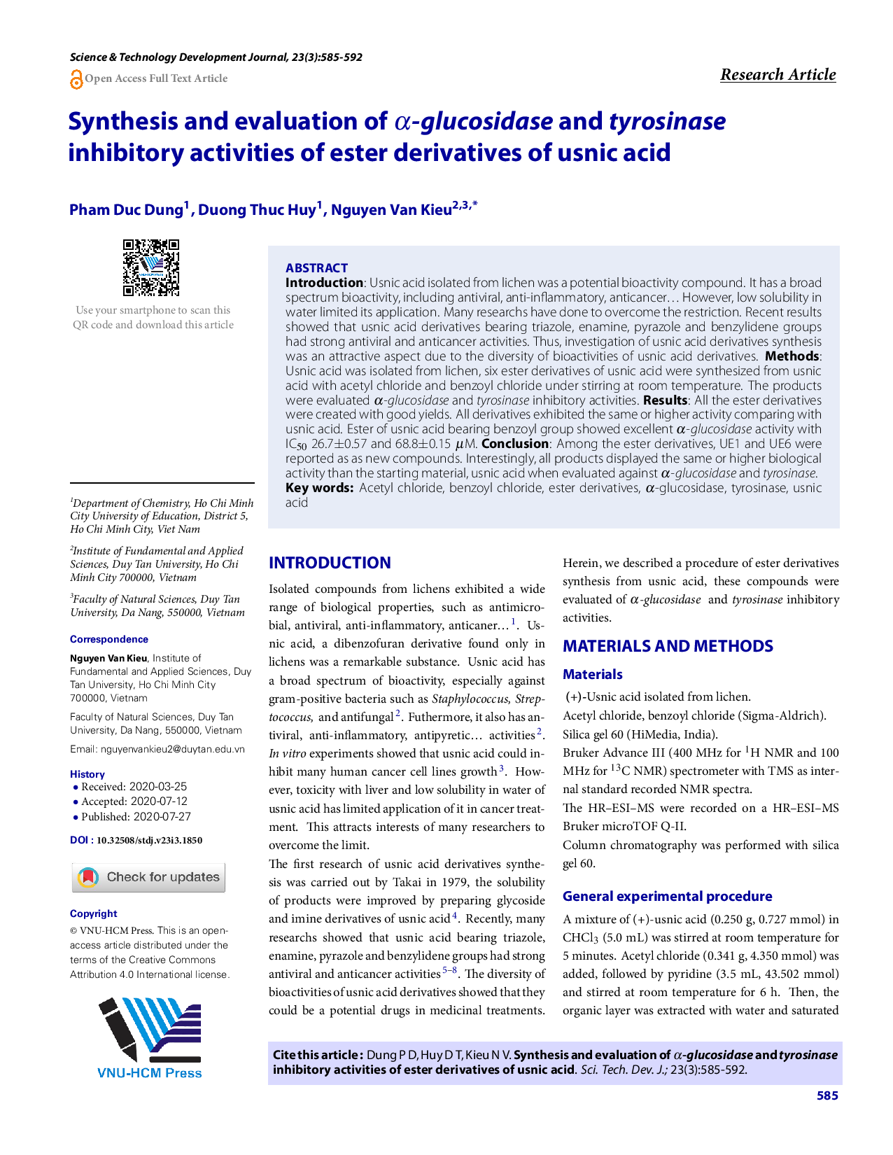 Synthesis and evaluation of α-glucosidase and tyrosinase inhibitory activities of ester derivatives of usnic acid