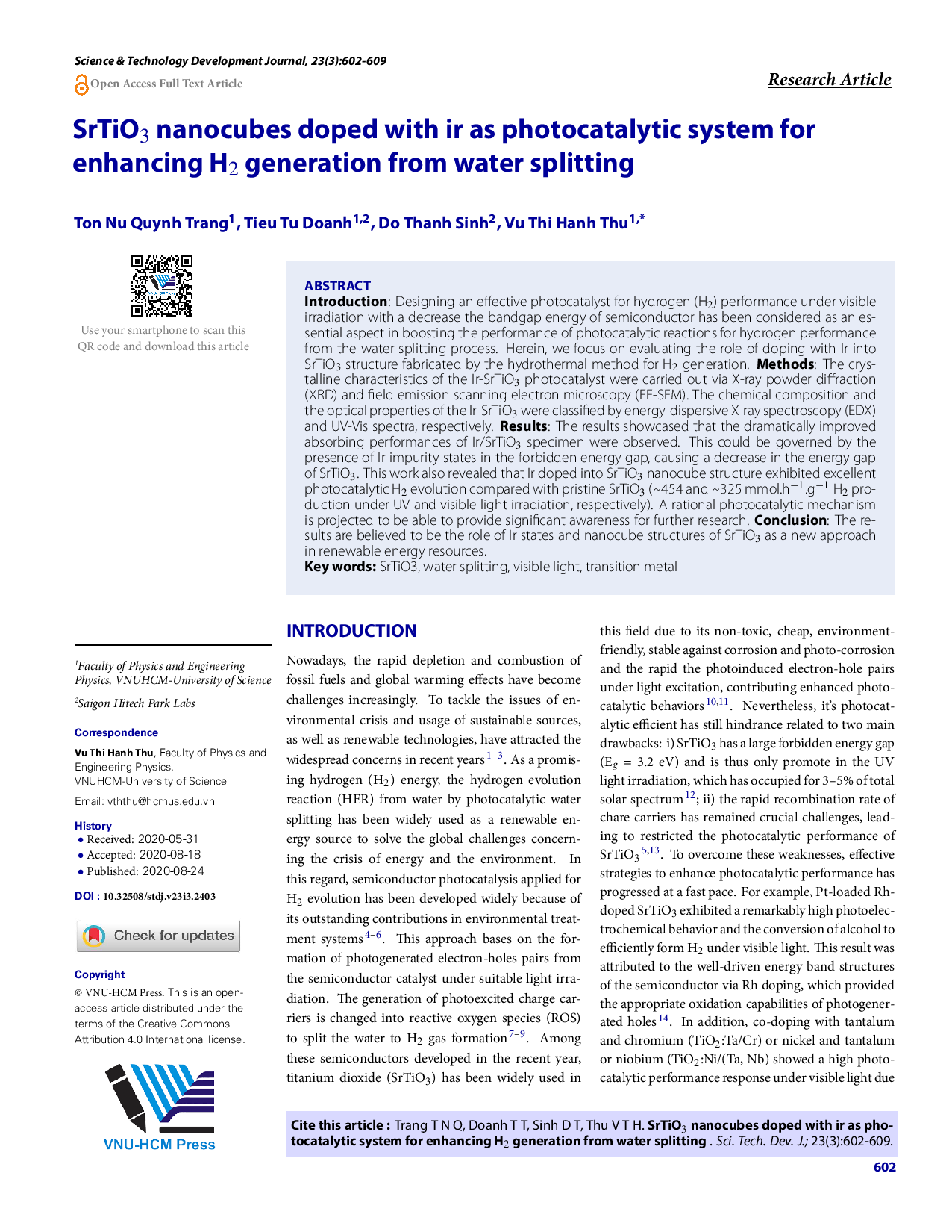 SrTiO3 nanocubes doped with ir as photocatalytic system for enhancing H2 generation from water splitting