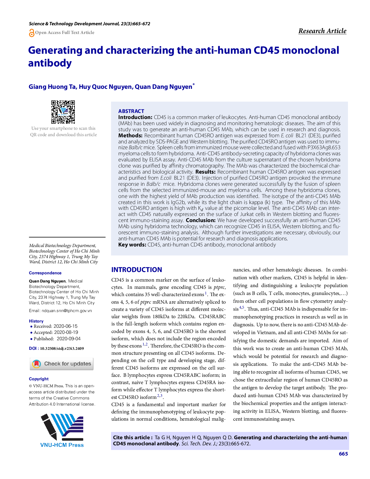 Generating and characterizing the anti-human CD45 monoclonal antibody