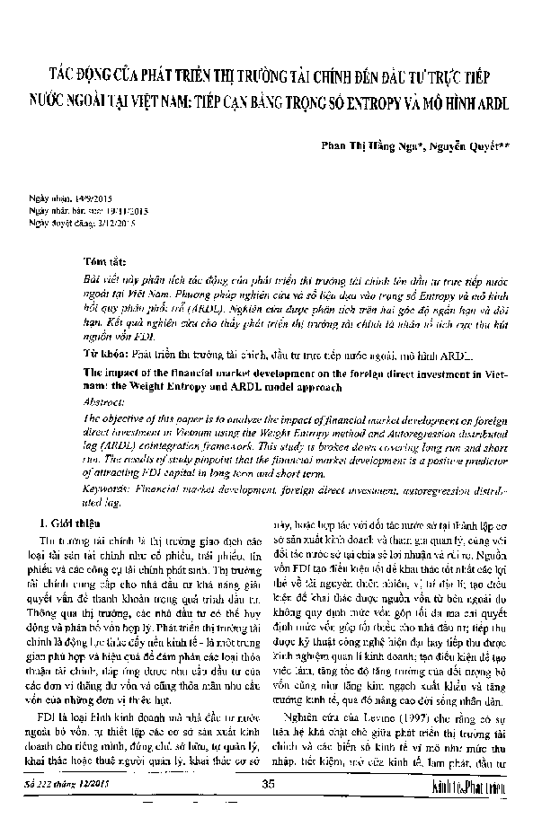 The Impact Of The Financial Market Development On The Foreign Direct Investment In Vietnam: The Weight Entropy And Ardl Model Approach