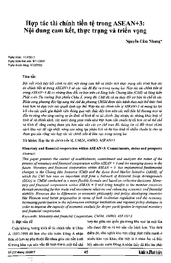 Monetary And Flnancial Cooperation Within Asean+3: Commitments, Status And Prospects