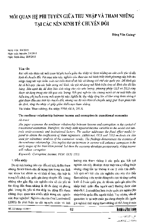 The Nonlinear Relationship Between Income And Corruption In Transitional Economies