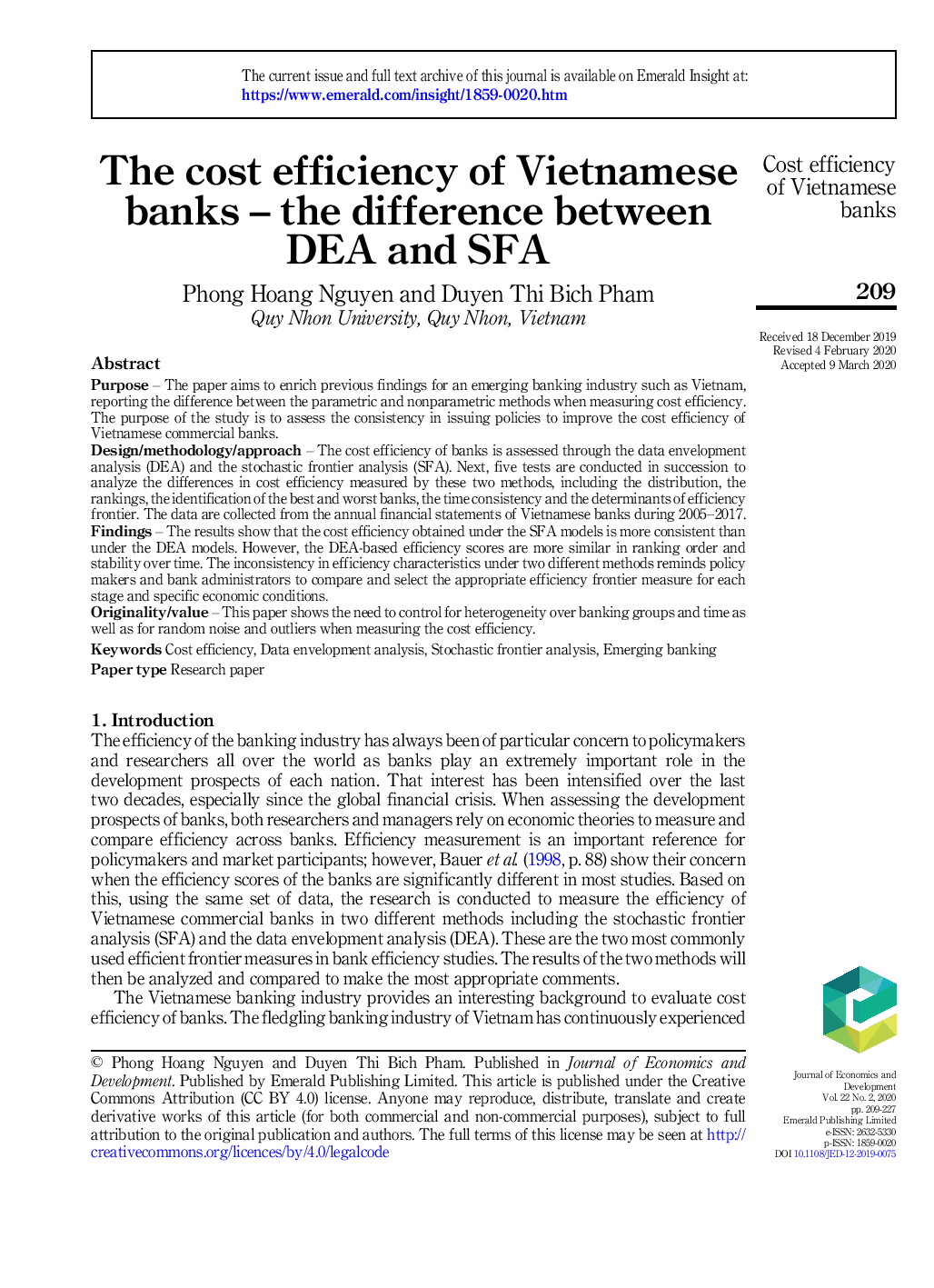 The Cost Efficiency Of Vietnamese Banks – The Difference Between Dea And Sfa