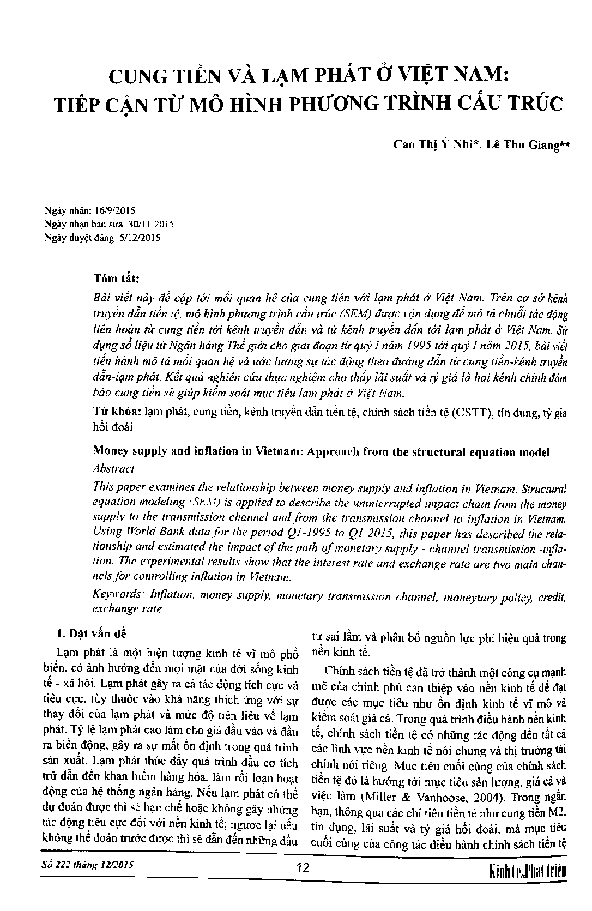 Money Supply And Inflation In Vietnam: Approach From The Structural Equation Model