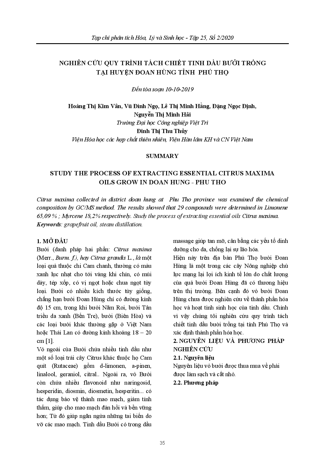 Nghiên Cứu Quy Trình Tách Chiết Tinh Dầu Bưởi Trồng Tại Huyện Đoan Hùng Tỉnh Phú Thọ