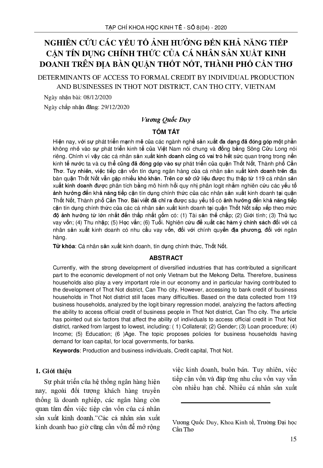 Determinants Of Access To Formal Credit By Individual Production And Businesses In Thot Not District, Can Tho City, Vietnam